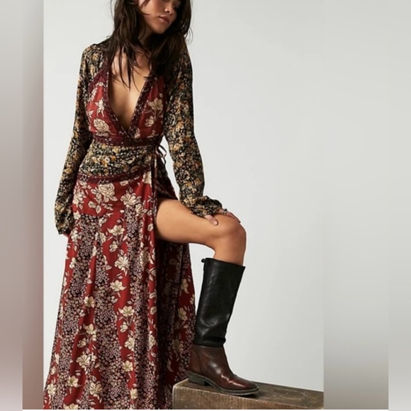 Free People Dresses & Skirts - Free People Tilda Rusty Red and cream maxi wrap dress with lace trim.Deep-v. L
